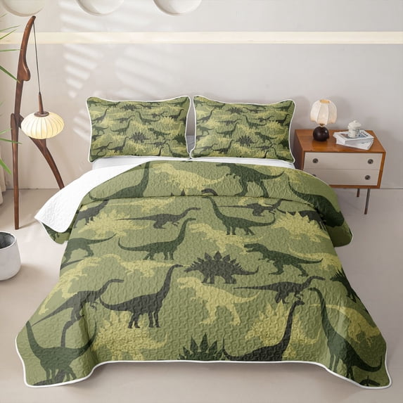 Homewish Jungle Camo Dinosaur Twin Quilt Set,Retro Wildlife Twin Coverlet Set,Green,2-Piece