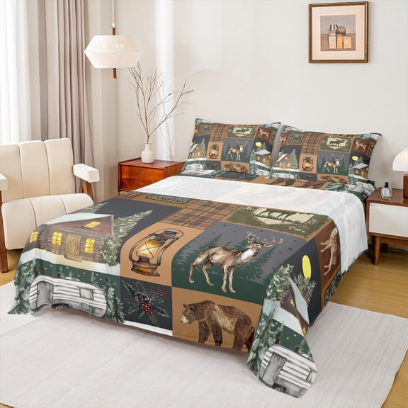 Homewish Jungle Camping Adventure Bed Sheets, Wildlife Moose Deer King Sheets, Rustic Lodge Cabin Sheet Set, Breathable Home Decor, 4pcs
