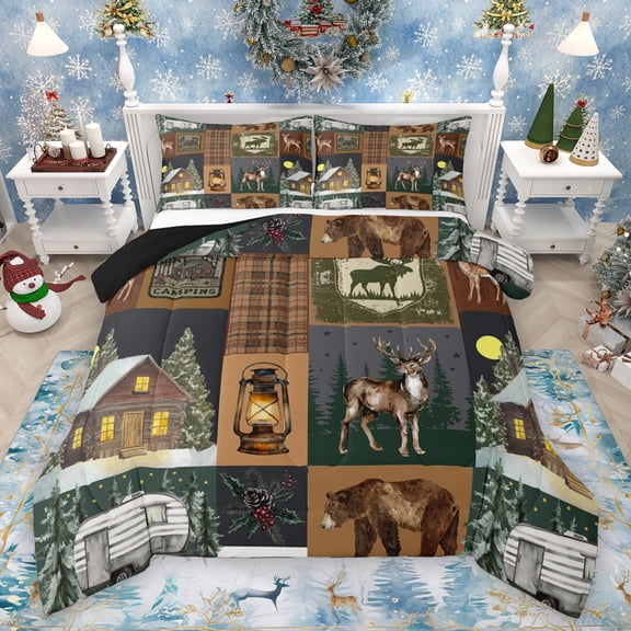 Homewish Jungle Camping Adventure Queen Comforter Set, Wildlife Moose Deer Bedding Sets, Rustic Lodge Cabin Reversible Bedding Comforter Set, Breathable Home Decor, 3pcs