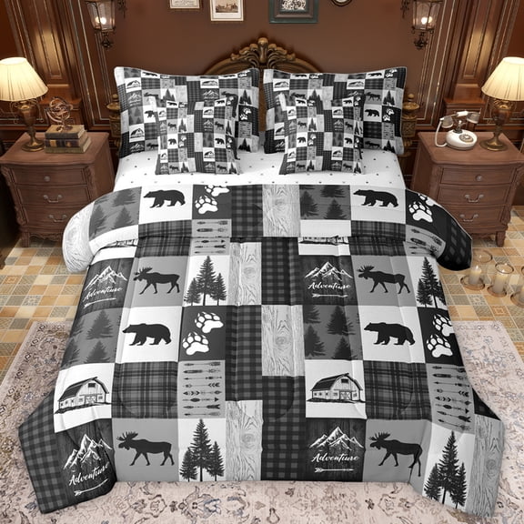 Homewish Jungle Deer Bear 7-Piece Twin Bedding Sets,Rustic Outdoor Adventure Bedding Comforter Set,Gray Checkered Sheet Sets For Kids,Ultra Soft Home Decor