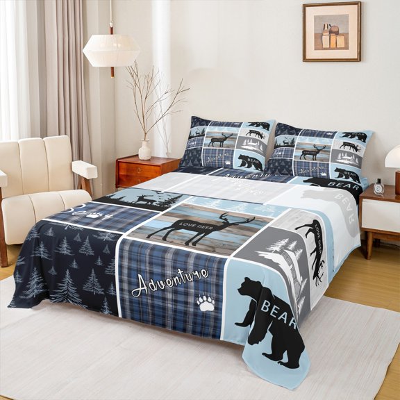 Homewish Jungle Deer Bear Bed Sheets,Rustic Outdoor Adventure King Sheets,Blue Black Grid Sheet Set For Kids,Ultra Soft Home Decor,4 Pieces