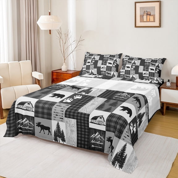 Homewish Jungle Deer Bear Bed Sheets,Rustic Outdoor Adventure King Sheets,Gray Checkered Sheet Set For Kids,Ultra Soft Home Decor,4-Piece