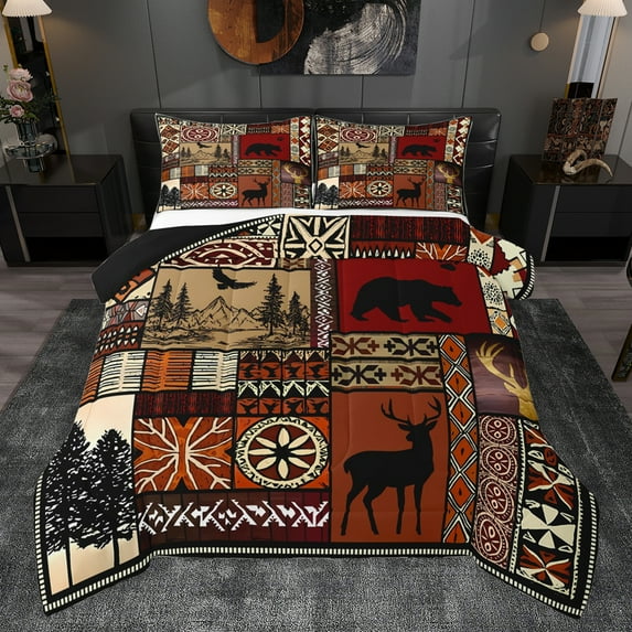 Homewish Jungle Deer Bear Bedding Comforter Set, Vintage Bohemian Aztec Twin Comforter Sets, Countryside Animal Reversible Bedding Set, Ultra Soft Bedroom Decor, 2 Pieces