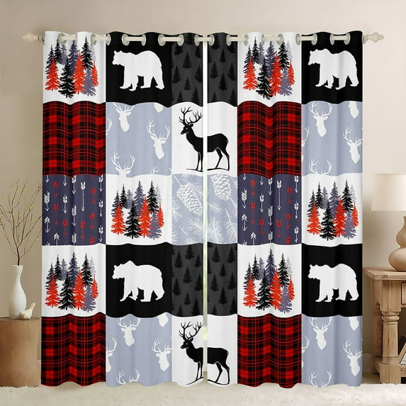 Homewish Jungle Deer Bear Curtains Pack of 2 (42x84 Each),Patchwork Plaid Grid Curtains Blackout,Red Gray White Bedroom Curtains For Boys Kids,Ultra Soft Home Decor
