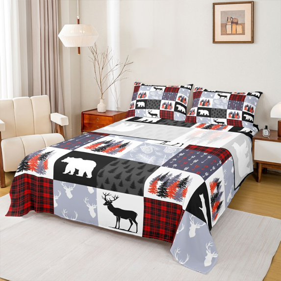 Homewish Jungle Deer Bear Queen Sheet Sets,Patchwork Plaid Grid Flat Sheet,Red Gray White Queen Fitted Sheet For Boys Kids,Ultra Soft Home Decor,4pcs