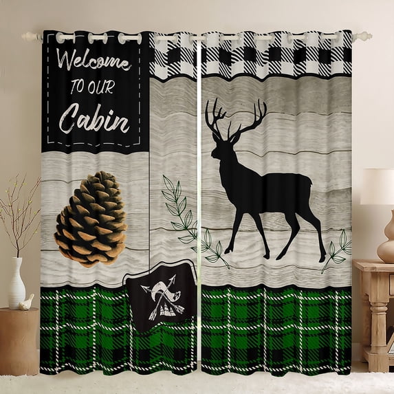 Homewish Jungle Deer Elk Black Out Curtains for Men, Vintage Green Buffalo Curtains Pack of 2 (42x63 Each), Rustic Plant Botanical Bedroom Curtains, Living Room Curtains Decor