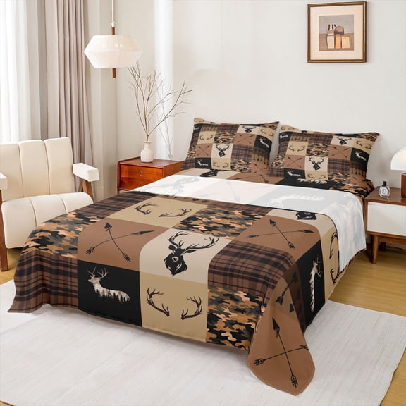 Homewish Jungle Deer Moose Bed Sheets for Men, Brown Camo Buffalo King Sheets, Rustic Hunting Theme Sheet Set, Microfiber Bedroom Decor, 4-Piece
