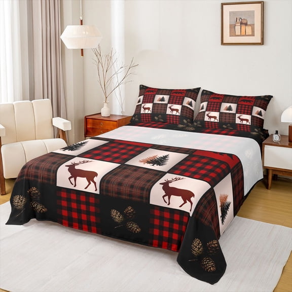 Homewish Jungle Deer Moose Queen Sheet Sets, Rustic Tree Botanical Flat Sheet, Brown Red Checkered Buffalo Queen Fitted Sheet, Lightweight Room Decor, 4pcs