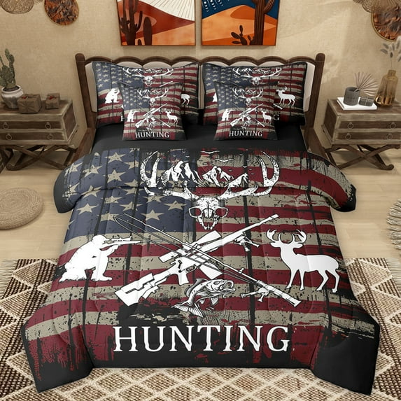 Homewish Jungle Deer Moose Twin Bedding Sets 7-Piece, Hunting Pike Fish Bedding Comforter Set, Vintage American Flag Reversible Sheet Sets, Breathable Home Decor