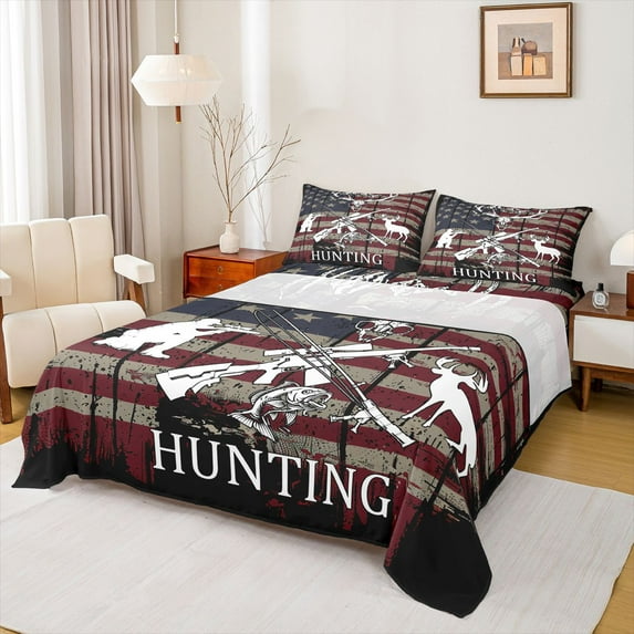 Homewish Jungle Deer Moose Twin Sheet Sets, Hunting Pike Fish Twin Fitted Sheet, Vintage American Flag Flat Sheet, Breathable Home Decor, 3pcs
