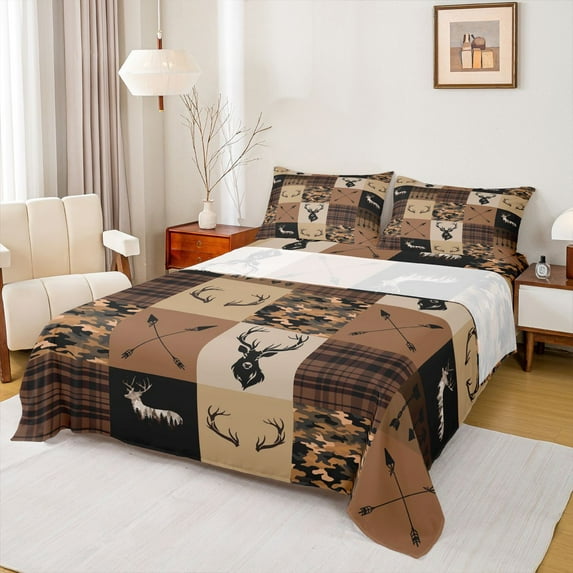 Homewish Jungle Deer Moose Twin Sheet Sets for Men, Brown Camo Buffalo Twin Fitted Sheet, Rustic Hunting Theme Flat Sheet, Microfiber Bedroom Decor, 3-Piece
