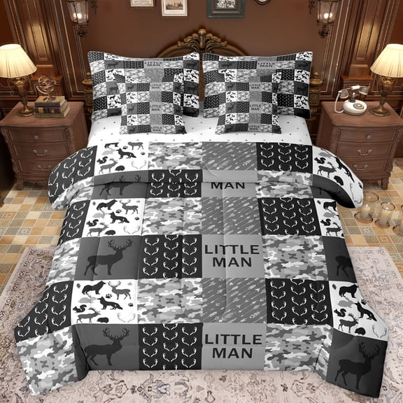 Homewish Jungle Deer Wolves 7-Piece Twin Bedding Sets,Retro Camouflage Pattern Bedding Comforter Set,Gray White Black Sheet Sets For Teens,Super Cozy Room Decor