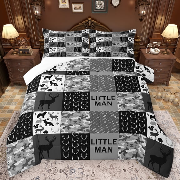 Homewish Jungle Deer Wolves Bedding Comforter Set,Retro Camouflage Pattern Twin Comforter Sets,Gray White Black Bedding Set For Teens,Super Cozy Room Decor,2pcs