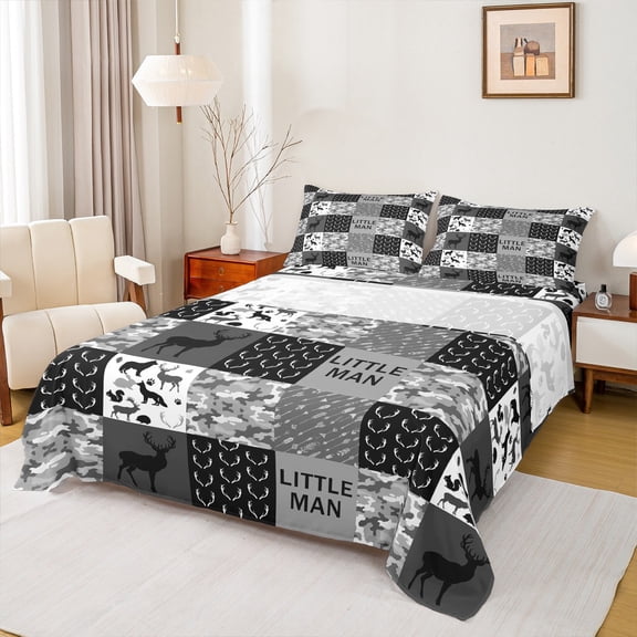 Homewish Jungle Deer Wolves Twin Sheet Sets,Retro Camouflage Pattern Twin Fitted Sheet,Gray White Black Flat Sheet For Teens,Super Cozy Room Decor,3pcs