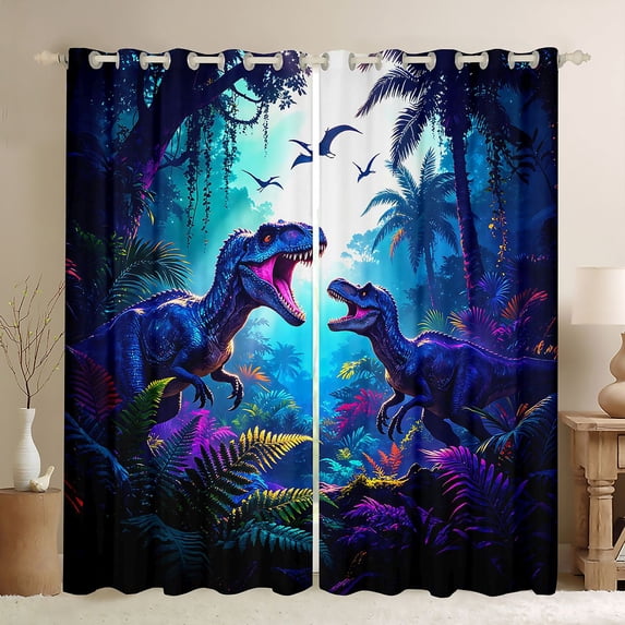 Homewish Jungle Dino Blackout Curtains,Neon Plants Curtains Pack of 2 (42x84 Each),Blue