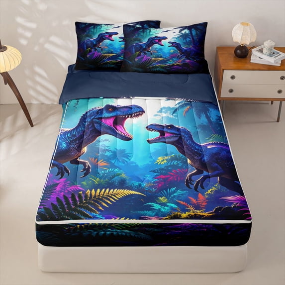 Homewish Jungle Dino Zipper Queen Comforter Set with Fitted Sheet and 2 Pillowcases,Neon Plants Zipper Bedding Set,Blue,Navy Blue Reversible,4pcs