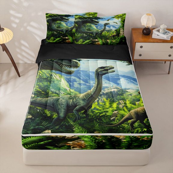 Homewish Jungle Dino Zipper Twin Comforter Sets with Fitted Sheet and 2 Pillowcases,Green Palm Tree Leaves Zipper Bedding Set,Green,Black Reversible,4pcs