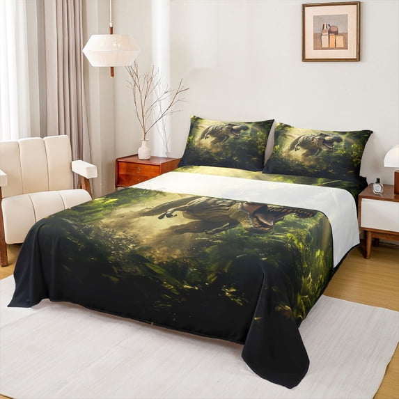 Homewish Jungle Dinosaur Bed Sheets,Vintage Wildlife Full Size Sheets,Green,4-Piece,1 Flat Sheet, 1 Fitted Sheet and 2 Pillowcases