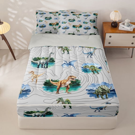 Homewish Jungle Dinosaur Zipper Twin Comforter Sets with Fitted Sheet and 2 Pillowcases,Wildlife Animal Zipper Bedding Set,Light Gray Reversible,4pcs