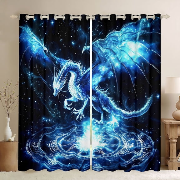 Homewish Jungle Dragon Black Out Curtains,Western Fantasy Animal Curtains Pack of 2 (42x63 Each),Blue Black Bedroom Curtains For Teens,Microfiber Bedroom Decor