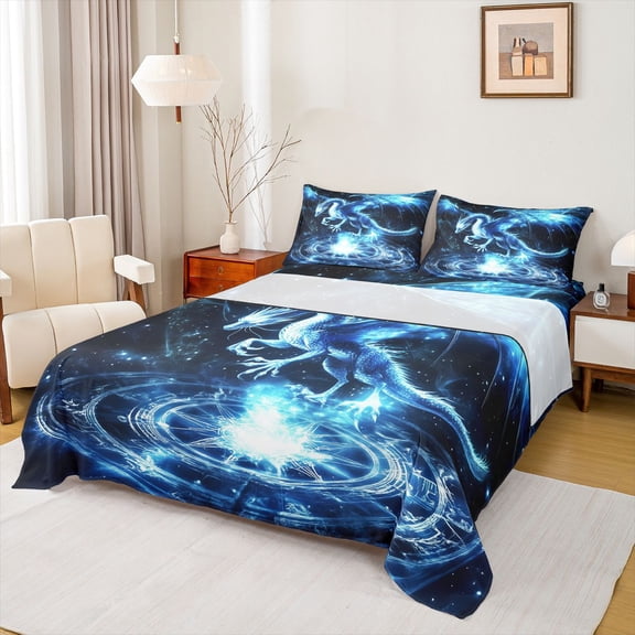 Homewish Jungle Dragon Queen Sheet Sets,Western Fantasy Animal Flat Sheet,Blue Black Queen Fitted Sheet For Teens,Microfiber Bedroom Decor,4-Piece