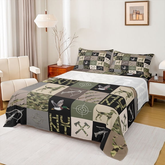 Homewish Jungle Duck Wildlife Queen Sheet Sets, Western Camouflage Flat Sheet, Rustic Hunting Theme Queen Fitted Sheet, Ultra Soft Bedroom Decor, 4pcs