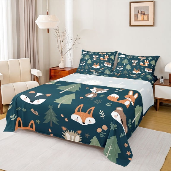 Homewish Jungle Fox Animal Twin Sheet Sets for Child, Pine Tree Botanical Twin Fitted Sheet, Kawaii Woodland Wildlife Flat Sheet, Luxury Bedroom Decor, 3-Piece