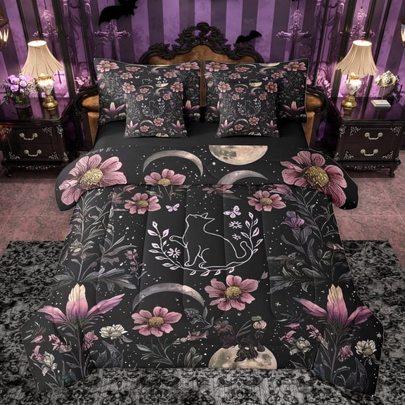 Homewish Jungle Groovy Flower Bedding Comforter Set 7pcs for Adult, Cartoon Cat Animal King Bedding Sets, Boho Rustic Farmhouse Reversible Bed Sheets, Ultra Soft Bedroom Decor