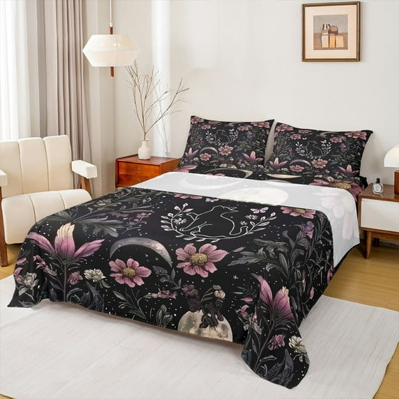 Homewish Jungle Groovy Flower Full Size Sheets for Adult, Cartoon Cat Animal Bed Sheets, Boho Rustic Farmhouse Sheet Sets, Ultra Soft Bedroom Decor, 4-Piece