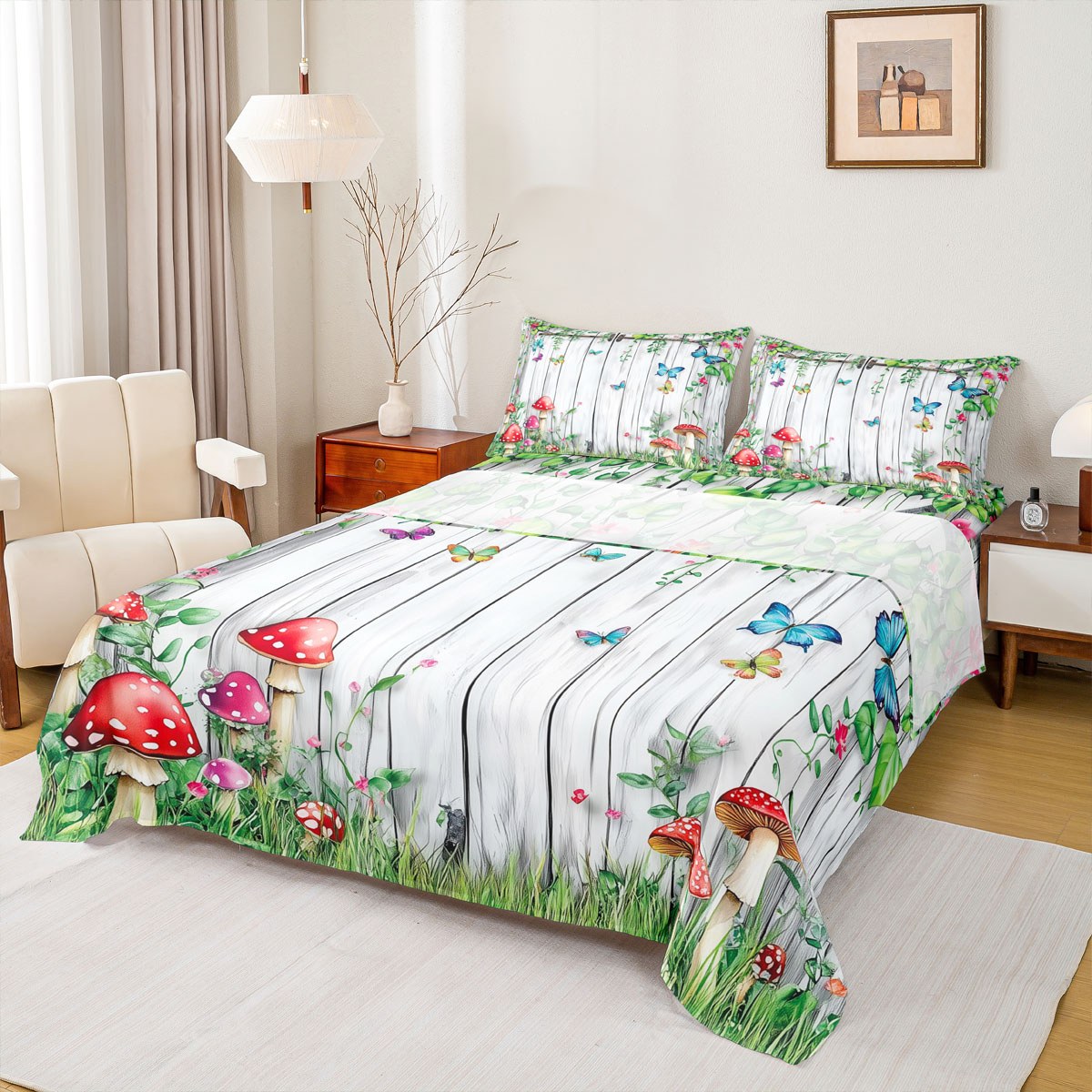 Homewish Jungle Mushroom Plant Twin Sheet Sets, Grey Lodge Cabin Twin Fitted Sheet, Dreamy Butterfly Animal Flat Sheet, Lightweight Room Decor, 3pcs