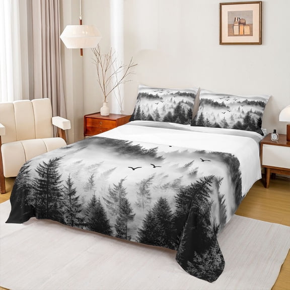 Homewish Jungle Nature Scenery Bed Sheets, Grey Mountain Pine Tree King Sheets, Retro Natural Landscape Sheet Set, Ultra Soft Bedroom Decor, 4pcs