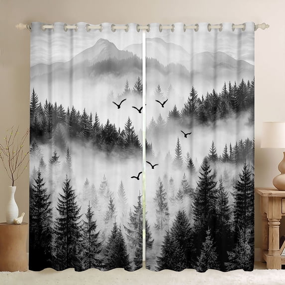 Homewish Jungle Nature Scenery Blackout Curtains Set of 2 (52x84 Each), Grey Mountain Pine Tree Window Curtains, Retro Natural Landscape Curtains and Drapes, Window Curtains Bedroom Decor