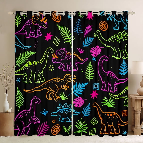 Homewish Jungle Neon Dino Blackout Curtains,Cute Cartoon Animal Curtains Pack of 2 (42x84 Each),Black