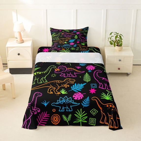 Homewish Jungle Neon Dino Twin Sheets,Cute Cartoon Animal Bedding,Black,3-Piece,1 Fitted Sheet and 1 Pillowcase