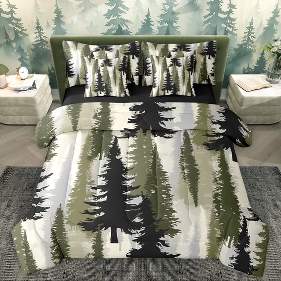 Homewish Jungle Pine Tree Bedding Comforter Set 7 Pieces for Men, Green Plant Botanical Full Bedding Set, Rustic Farmhouse Reversible Fitted Sheet Flat Sheet, Lightweight Room Decor
