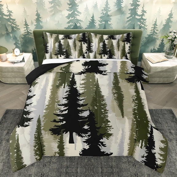 Homewish Jungle Pine Tree Bedding Comforter Set for Men, Green Plant Botanical Twin Comforter Sets, Rustic Farmhouse Reversible Bedding Set, Lightweight Room Decor, 2pcs