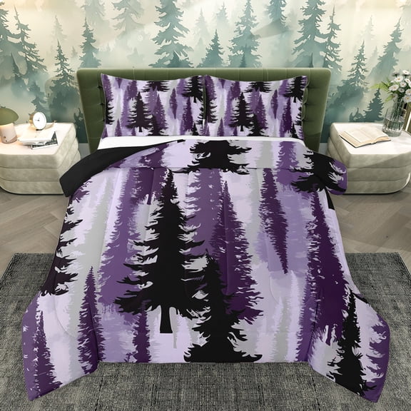 Homewish Jungle Pine Tree Bedding Comforter Set for Men, Purple Plant Botanical Twin Comforter Sets, Rustic Farmhouse Reversible Bedding Set, Breathable Home Decor, 2pcs