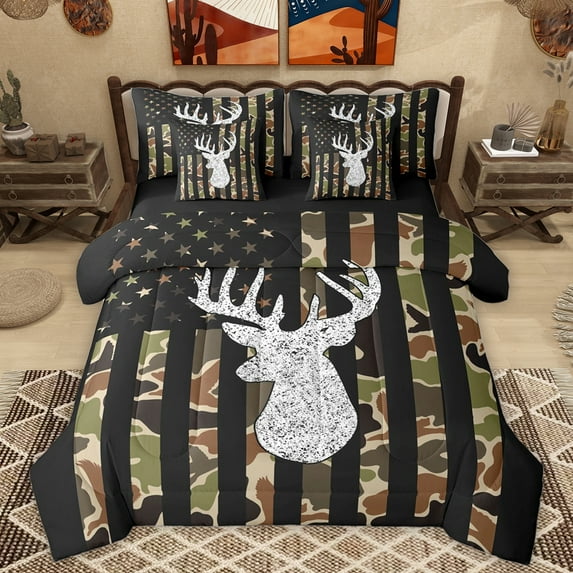 Homewish Jungle Reindeer Print Bedding Comforter Set 7 Pieces, Camouflage American Flag Full Bedding Set, Rustic Hunting Reversible Fitted Sheet Flat Sheet, Microfiber Bedroom Decor