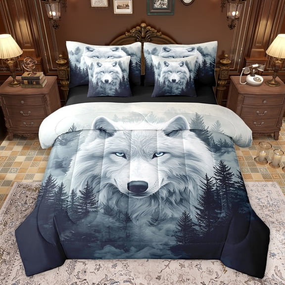 Homewish Jungle White Wolf Twin Bedding Sets 7-Piece for Kids, Rustic Pine Tree Botanical Bedding Comforter Set, Woodland Animal Reversible Sheet Sets, Super Cozy Room Decor