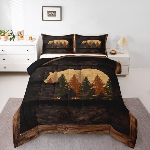 Homewish Jungle Wildlife Bear 3 Pieces Queen Comforter Set for Teens Boys Girls,Black Brown Ultra Soft Bedding Sets,Vintage Retro Aesthetic Bedding Comforter Set Breathable,Luxury Bedroom Decor