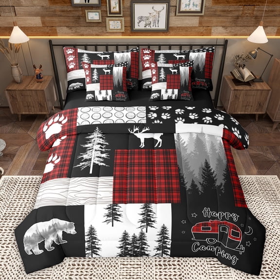 Homewish Jungle Wildlife Bear 7-Piece Bedding Comforter Set,Happy Camping King Bedding Sets,Cute Bear Paws Bed Sheets For Boys Kids,Super Cozy Room Decor Reversible