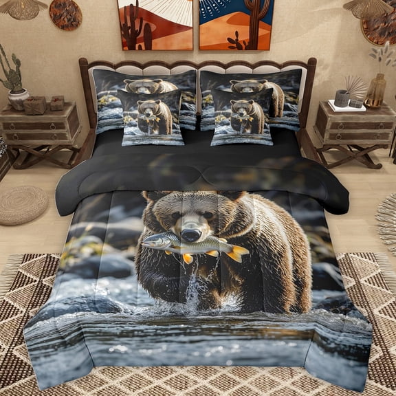 Homewish Jungle Wildlife Bear 7 Pieces Bedding Comforter Set,Country Fish River Full Bedding Set,Rustic Farmhouse Cabin Fitted Sheet Flat Sheet For Teens,Ultra Soft Home Decor Reversible