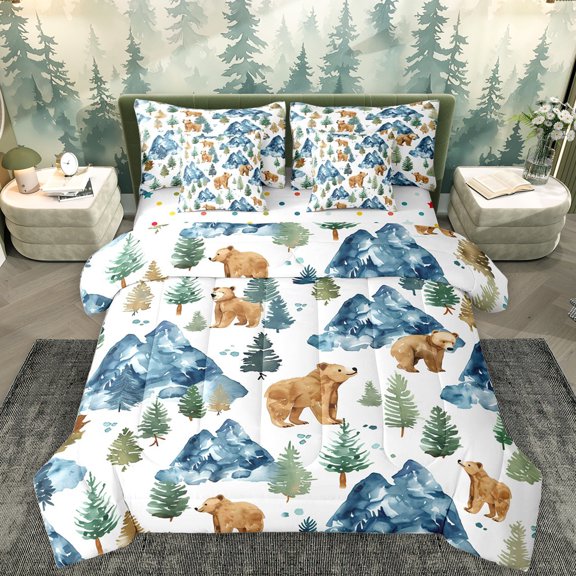Homewish Jungle Wildlife Bear 7 Pieces Bedding Comforter Set,Ink Painting Full Bedding Set,White Blue Brown Fitted Sheet Flat Sheet For Teens,Ultra Soft Home Decor Reversible