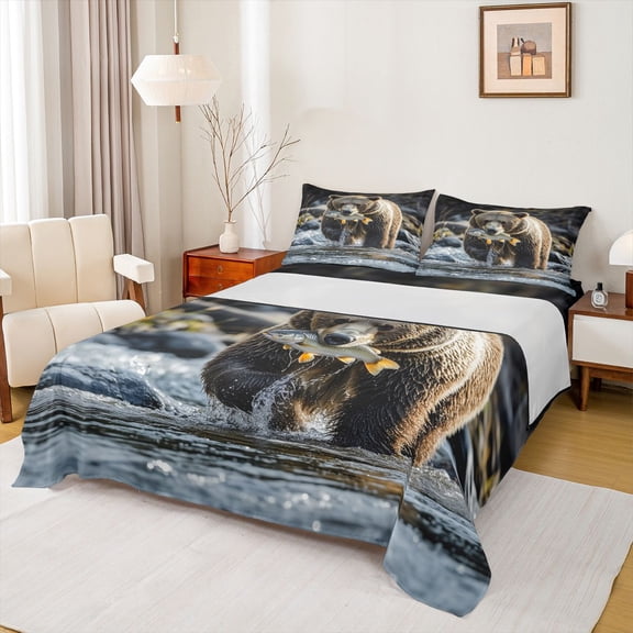 Homewish Jungle Wildlife Bear Bed Sheets,Country Fish River King Sheets,Rustic Farmhouse Cabin Sheet Set For Teens,Ultra Soft Home Decor,4pcs