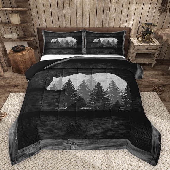 Homewish Jungle Wildlife Bear Bedding Comforter Set 2pcs for Teens Boys Girls,Black Grey Twin Comforter Sets Microfiber,Vintage Retro Aesthetic Breathable Bedding Set,Luxury Bedroom Decor