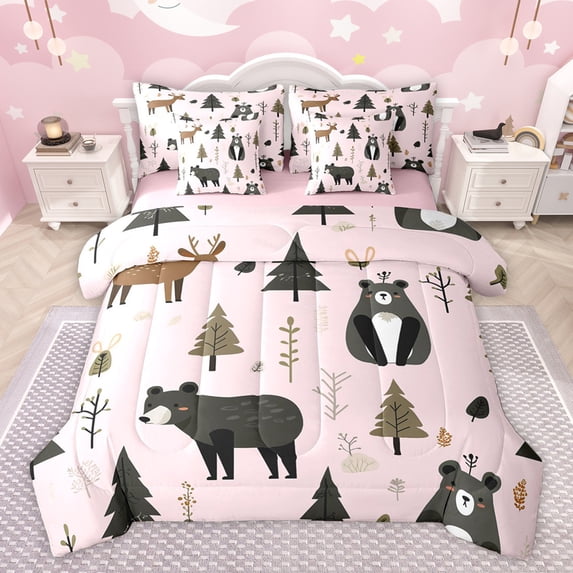 Homewish Jungle Wildlife Bear Bedding Comforter Set 7pcs for Child, Plant Botanical Queen Bedding Sets, Pink Cartoon Style Reversible Queen Sheet Sets, Super Cozy Room Decor