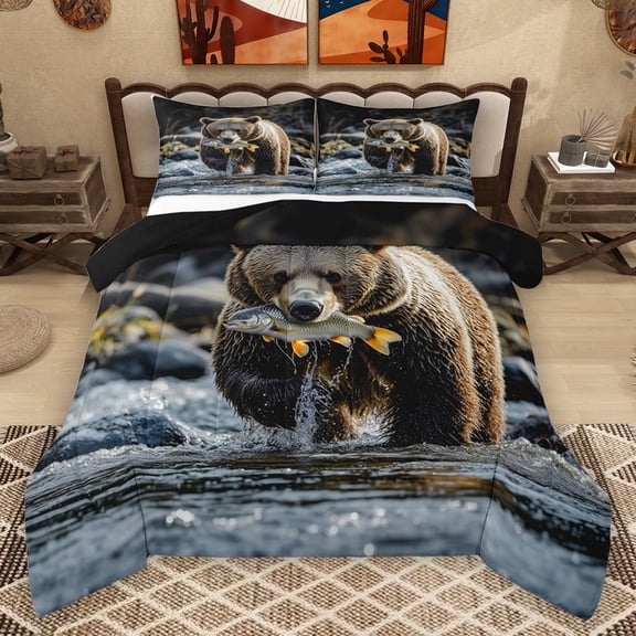 Homewish Jungle Wildlife Bear Bedding Comforter Set,Country Fish River Twin Comforter Sets,Rustic Farmhouse Cabin Bedding Set For Teens,Ultra Soft Home Decor Reversible,2pcs