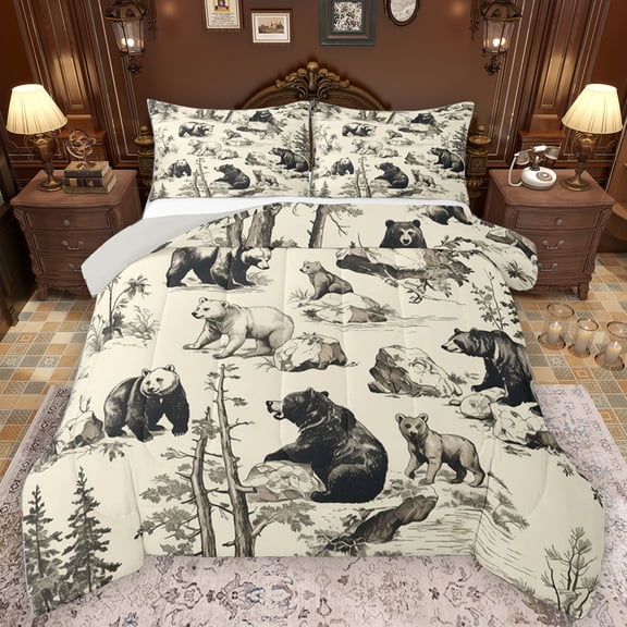 Homewish Jungle Wildlife Bear Queen Comforter Set,Wild Animal Bedding Sets,Beige Black Bedding Comforter Set For Boys Teens,Ultra Soft Home Decor Reversible,3pcs
