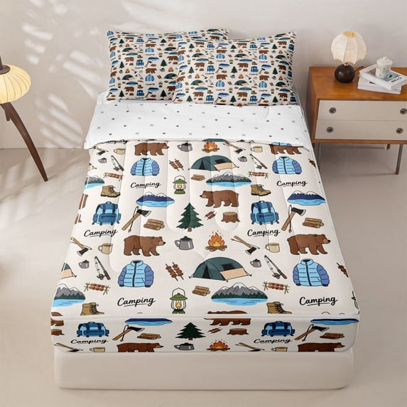 Homewish Jungle Wildlife Bear Zipper Twin Comforter Sets with Fitted Sheet and 2 Pillowcases For Kids,Outdoor Adventure Zipper Bedding Set,Reversible,4 Pieces
