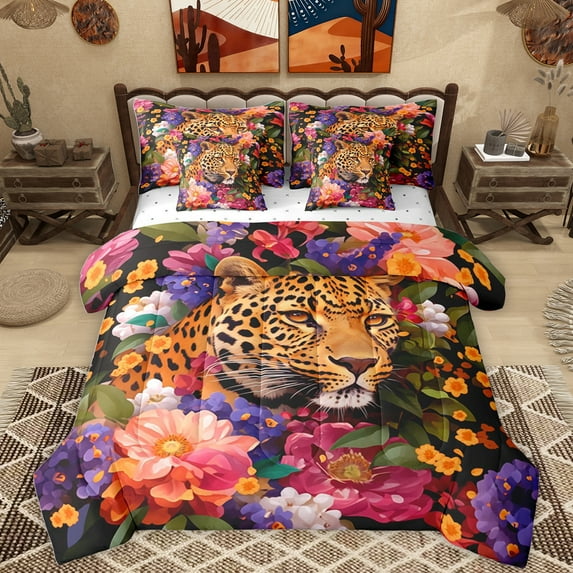 Homewish Jungle Wildlife Cheetah 7-Piece Twin Bedding Sets,Retro Rustic Flower Bedding Comforter Set,Pink Orange Purple Sheet Sets For Teens,Ultra Soft Home Decor Reversible